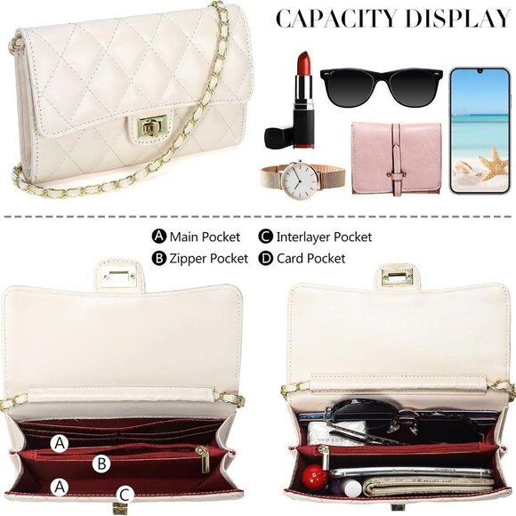 Small Quilted Crossbody Bag Vegan Leather Compact Organizer Women - Picture 4 of 6